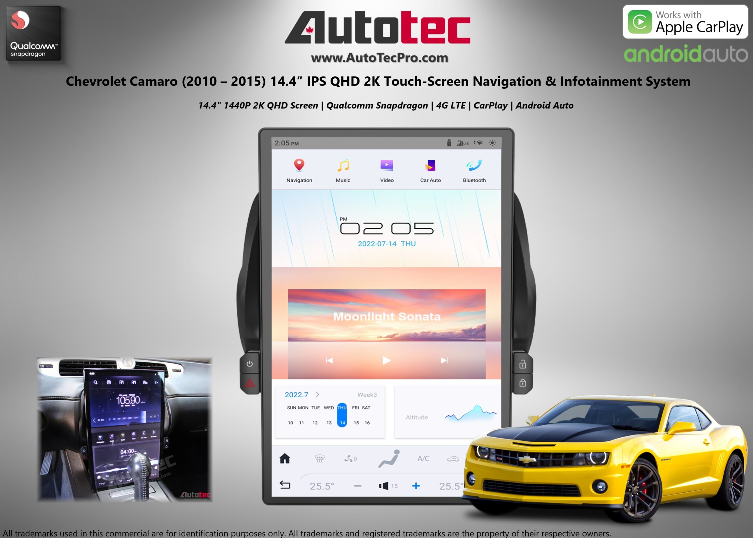 Chevrolet Camaro (2010 – 2015) 14.4″ IPS QHD 2K Touch-Screen Android Navigation System | Android 13 | GPS | BT | Wifi | CarPlay | Android Auto | 4G LTE