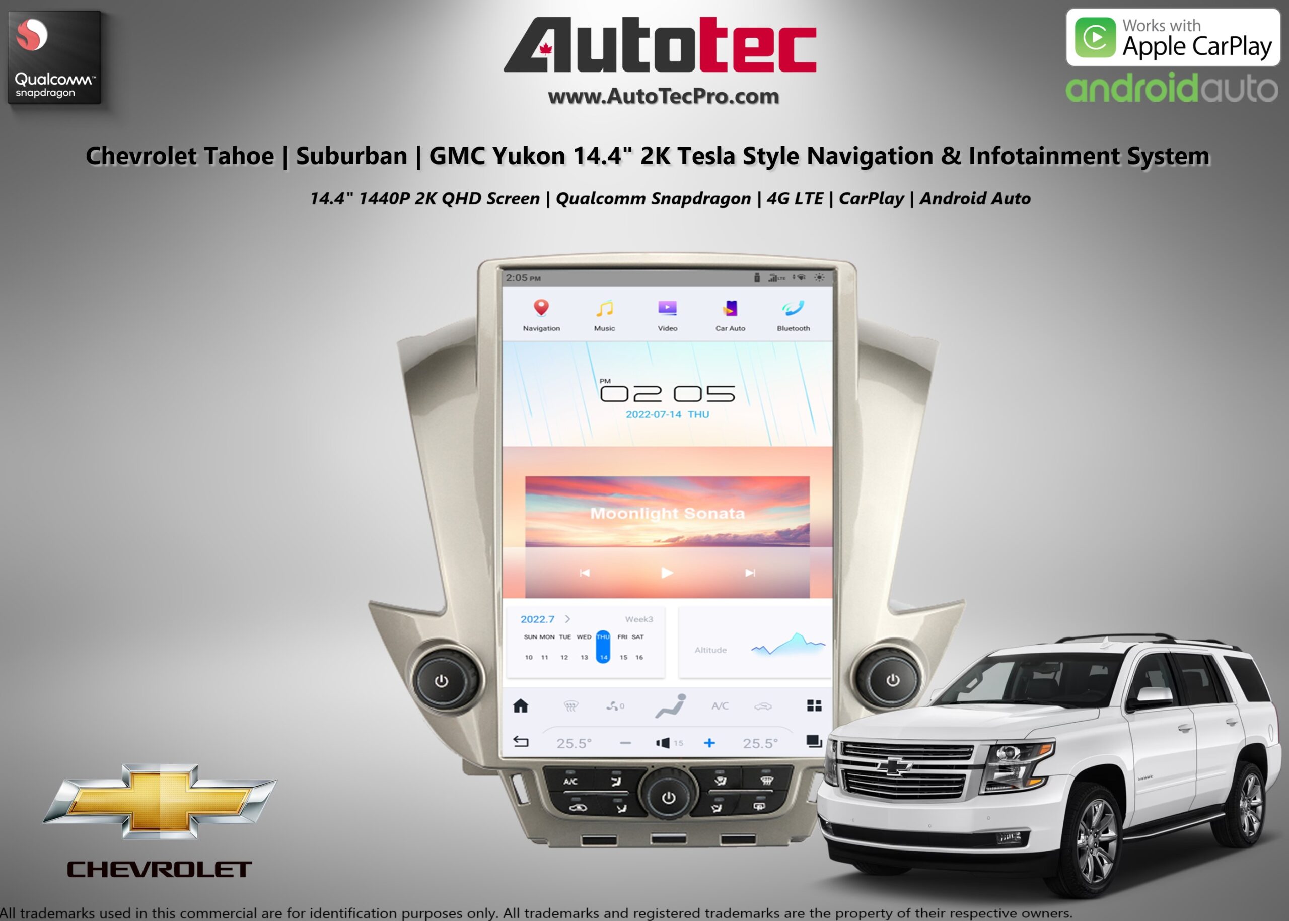 Chevrolet Tahoe / Suburban / GMC Yukon (2015 – 2020) 14.4″ IPS QHD 2K Touch-Screen Navigation & Infotainment System | Android 13 | GPS | BT | Wifi | CarPlay | Onstar | 4G LTE
