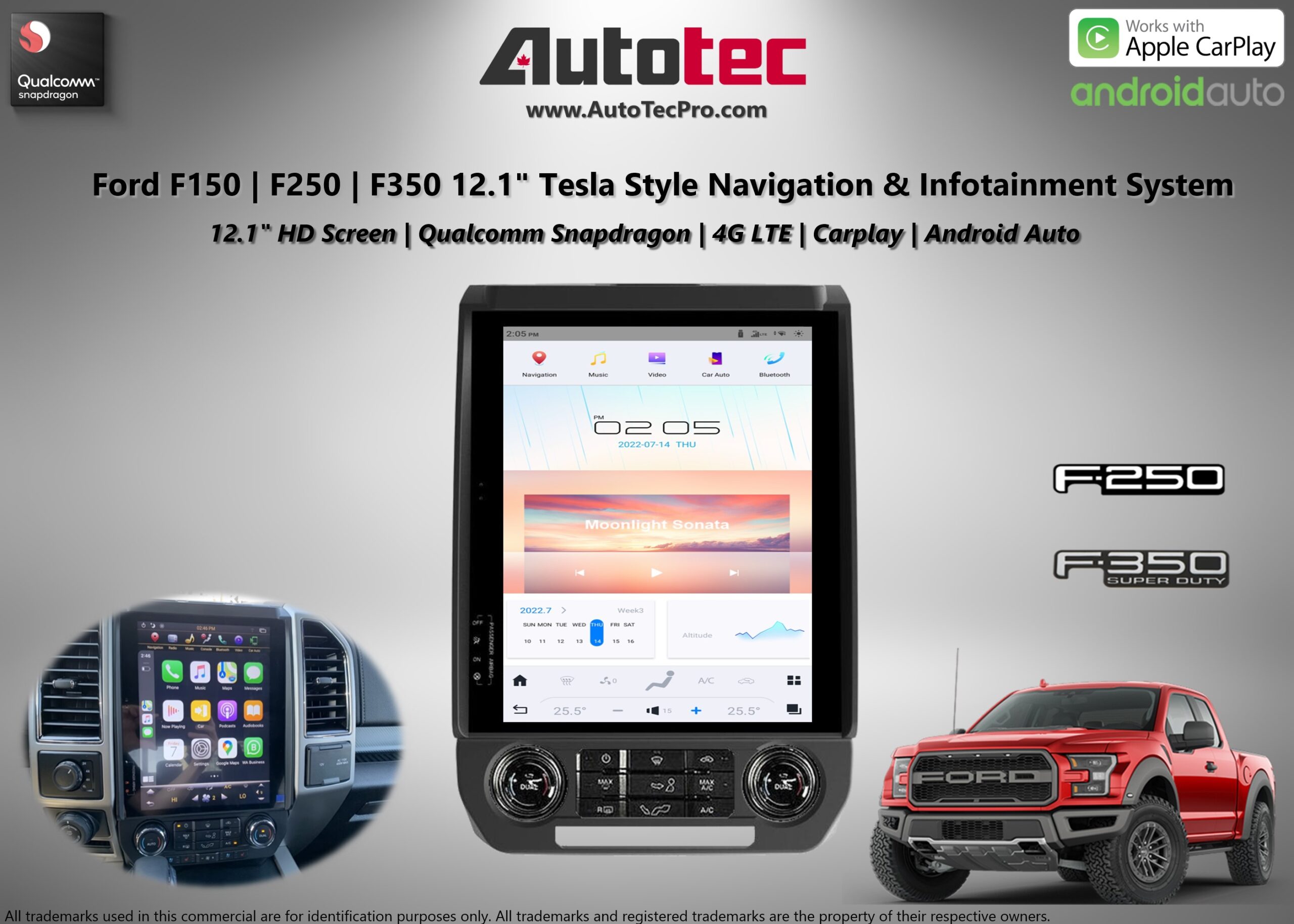 Ford F150 (2015 – 2021) 12.1″ IPS Touch-Screen Android Navigation System | Android 13 | GPS | BT | Wifi | CarPlay | SYNC | 4G LTE