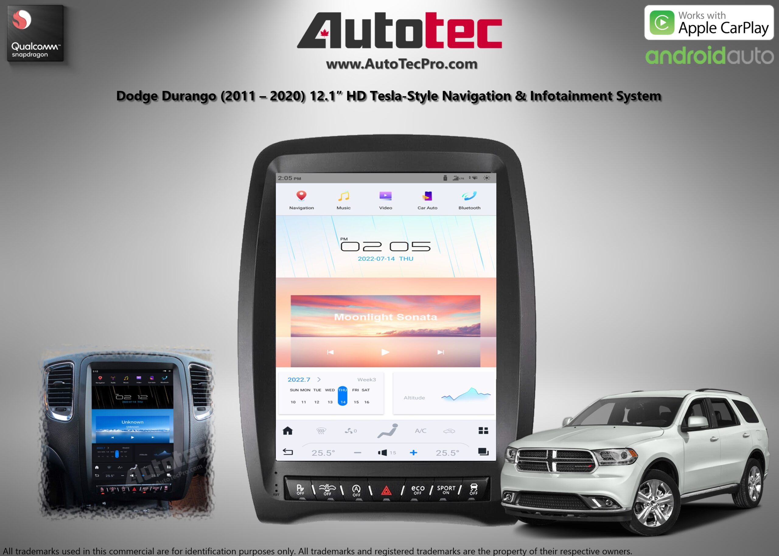 Dodge Durango (2011 – 2020) 12.1″ HD Tesla-Style Navigation & Infotainment System | Android 13 | GPS | BT | Wifi | CarPlay | Android Auto | 4G LTE