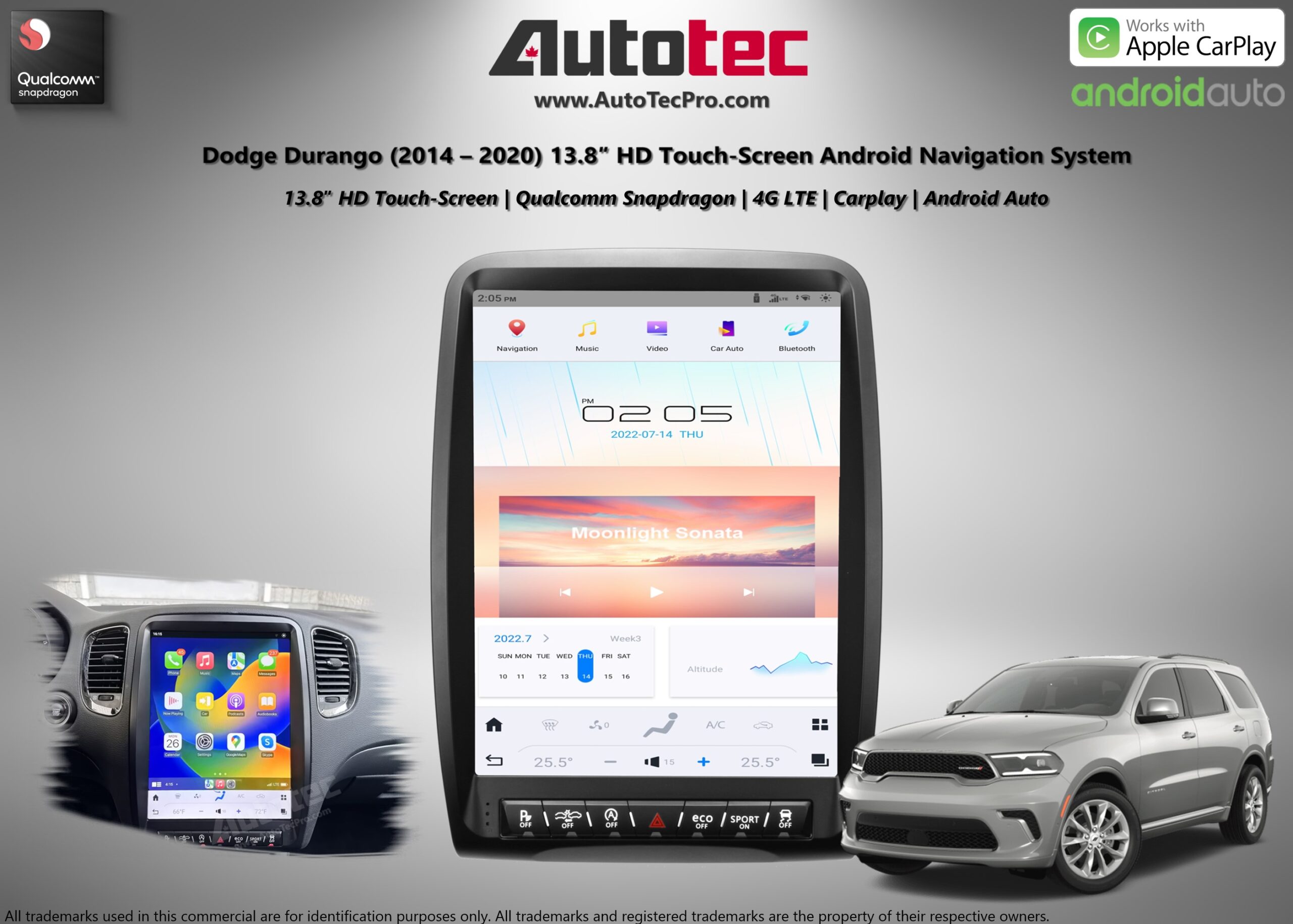 Dodge Durango (2014 – 2020) 13.8″ IPS HD Touch-Screen Android Navigation System | Android 13 | GPS | BT | Wifi | CarPlay | Android Auto | 4G LTE