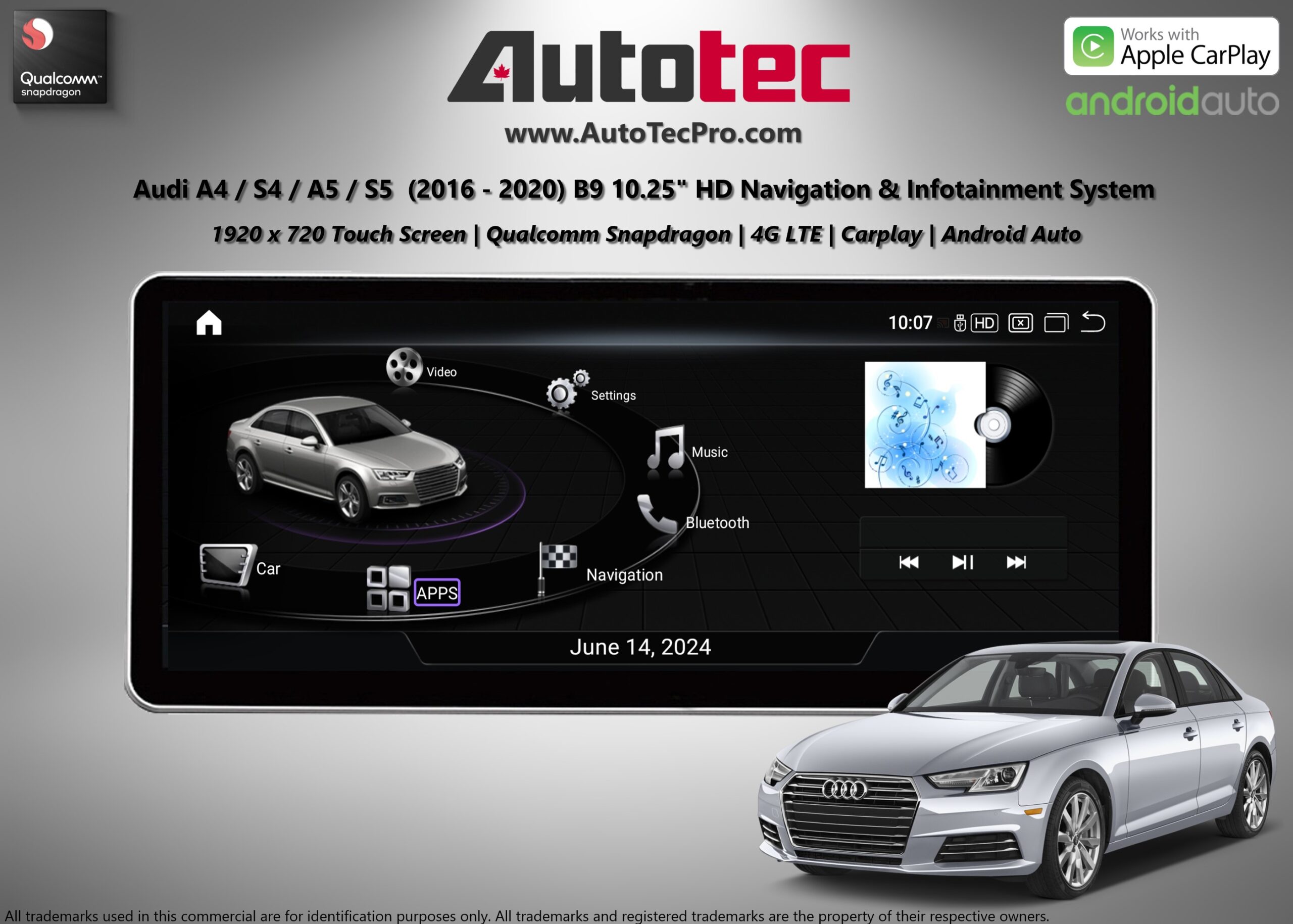 AUDI A4 / A5 (2016 – 2020 | B9) OEM FIT 10.25″ HD Touch-Screen Android Navigation System | GPS | BT | Wifi | ANDROID 13 | CarPlay