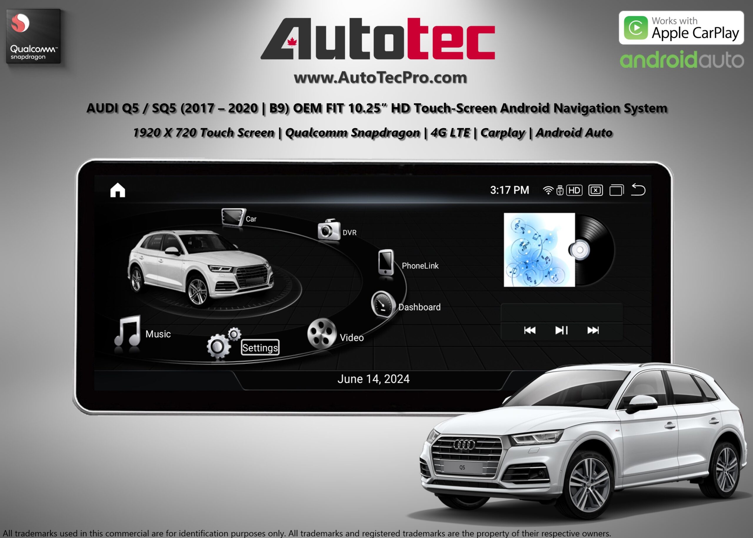 AUDI Q5 / SQ5 (2017 – 2020 | B9) OEM FIT 10.25″ HD IPS Touch-Screen Android Navigation & Infotainment System | GPS | BT | Wifi | 4G LTE | CarPlay | Android Auto | Camera
