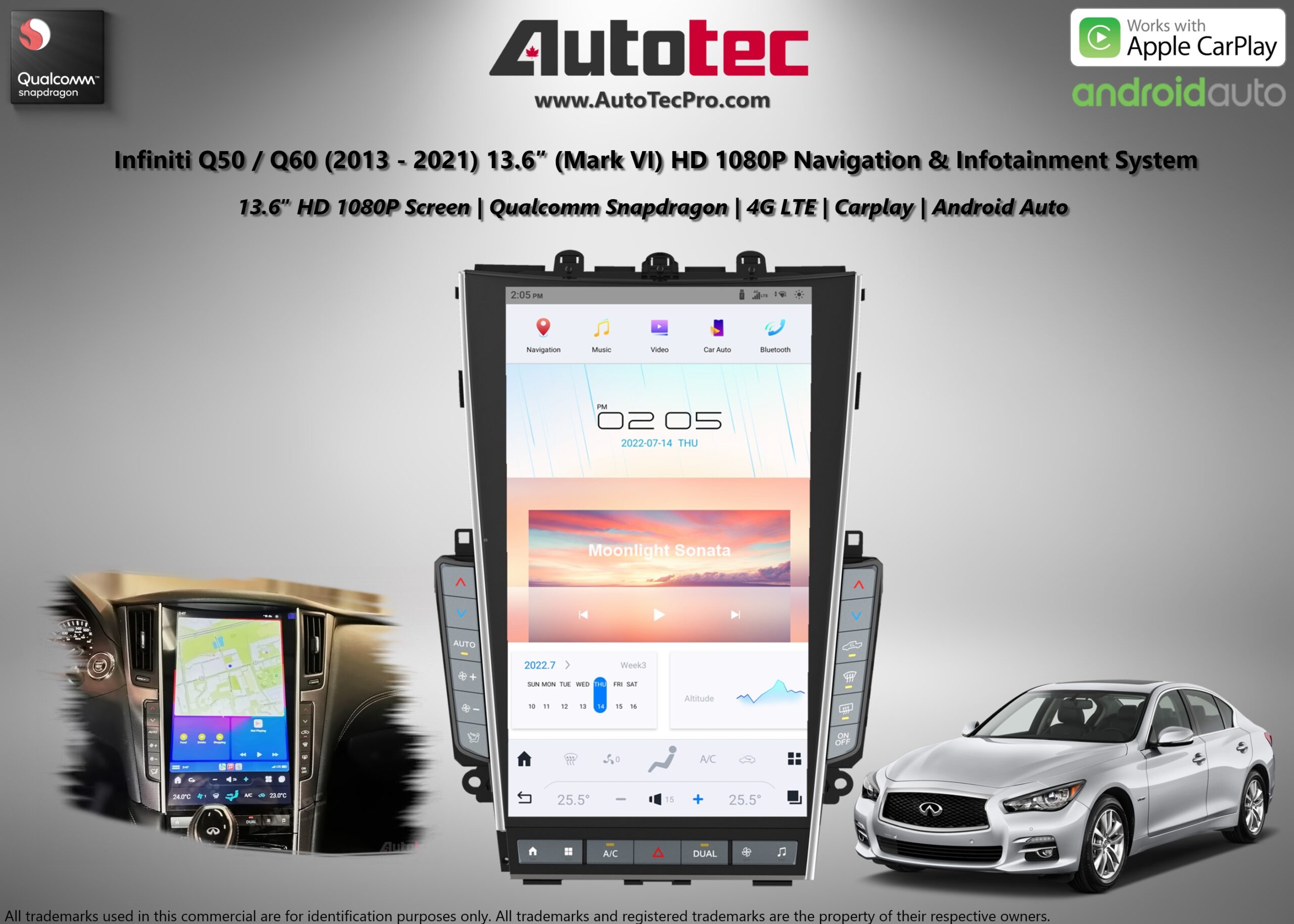 Infiniti Q50 / Q60 (2013 – 2021) 13.6″ (Mark 7) IPS HD 1080P Touch-Screen Navigation & Infotainment System | Android 13 | GPS | BT | Wifi | 4G LTE | CarPlay