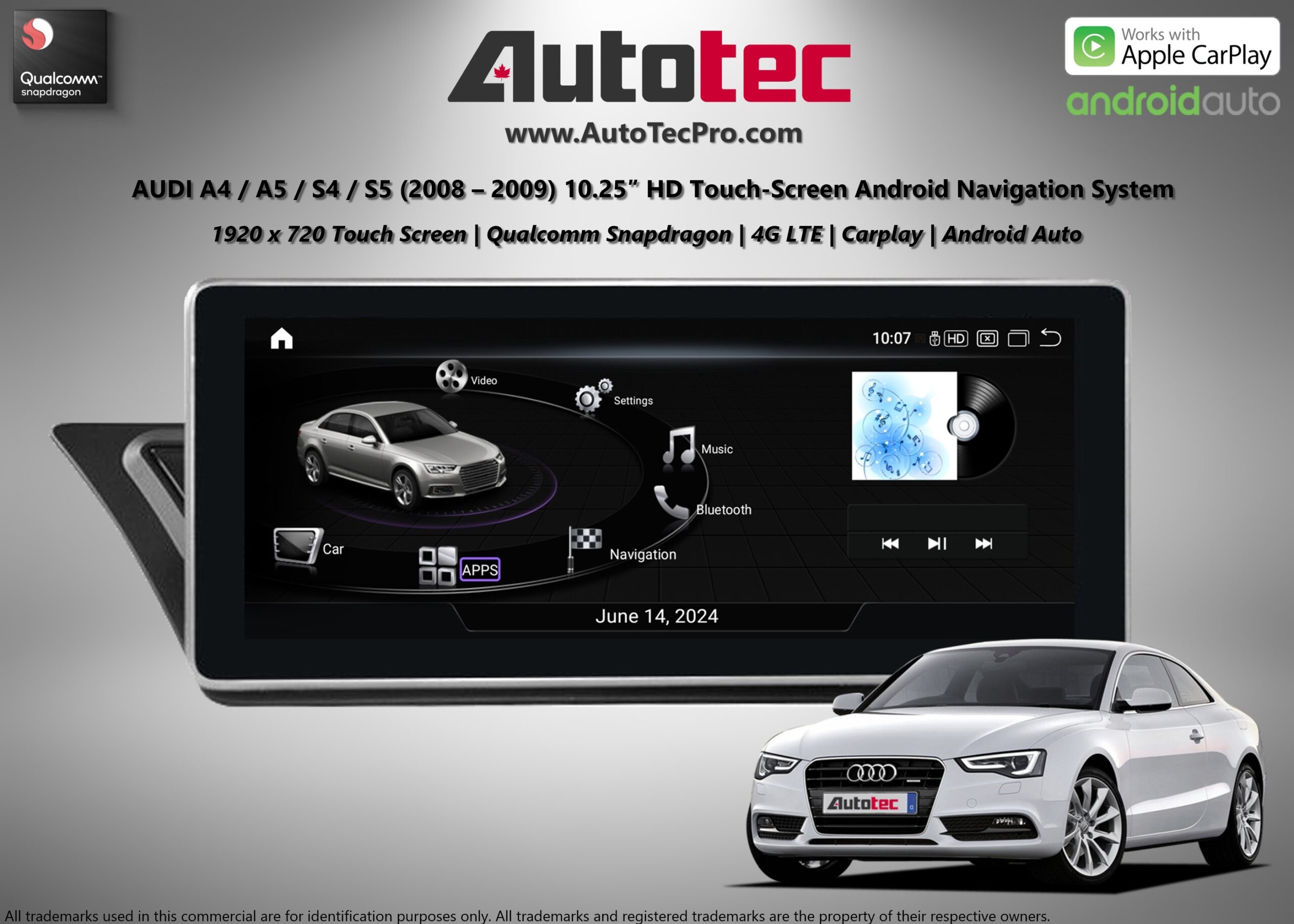 AUDI A4 / A5 (2008 – 2009) OEM FIT 10.25″ HD IPS Touch-Screen Android Navigation & Infotainment System | Android 14 | GPS | BT | Wifi | 4G LTE | CarPlay | Android Auto | Camera | MMI-2G | MMI-2G+