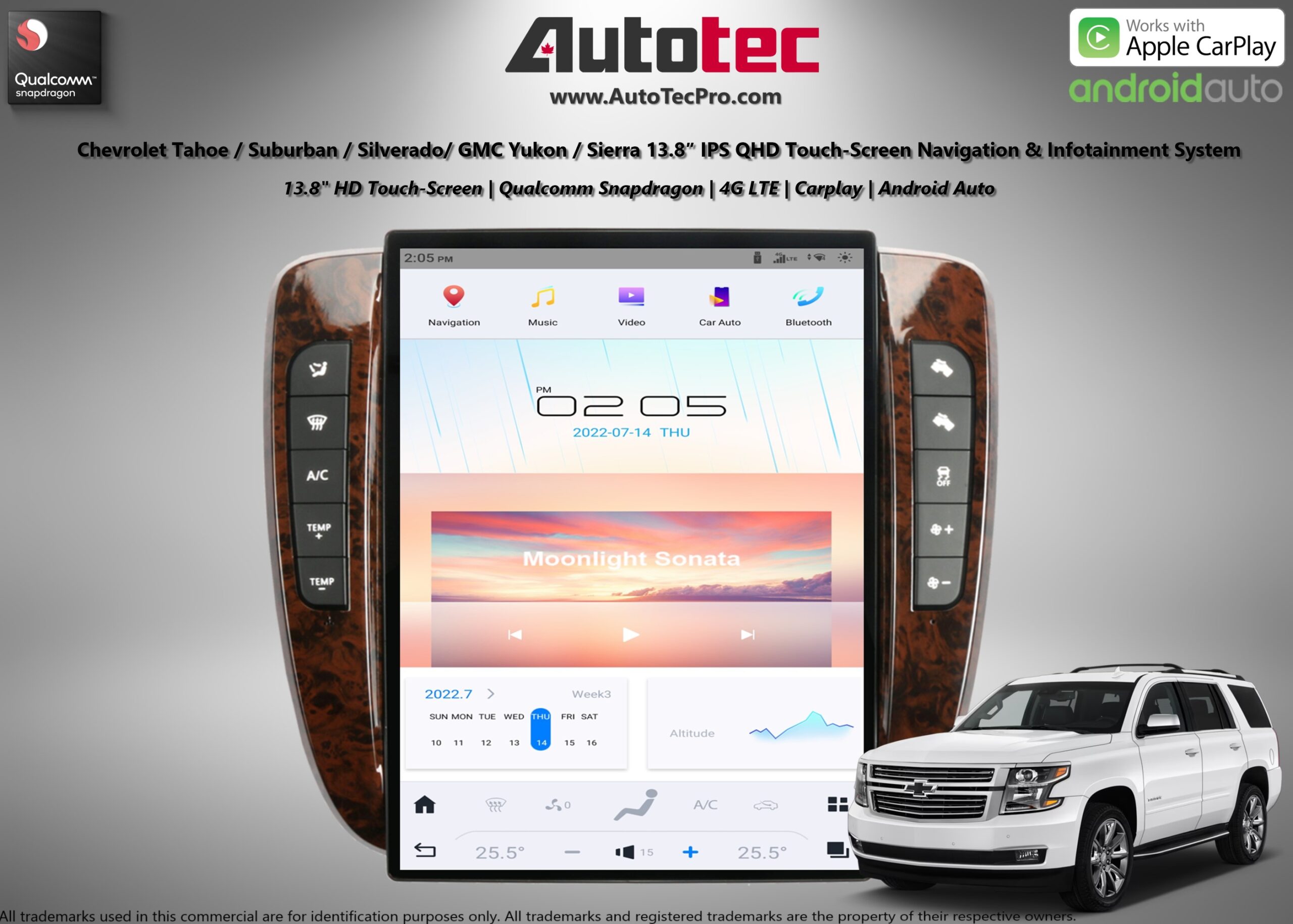 Chevrolet Tahoe / Suburban / Silverado / Avalanche / GMC Yukon / Sierra (2007 – 2014) 12.1″ / 13.8″ IPS HD Touch-Screen Navigation & Infotainment System | Android 13 | GPS | BT | Wifi | CarPlay | Onstar | 4G LTE