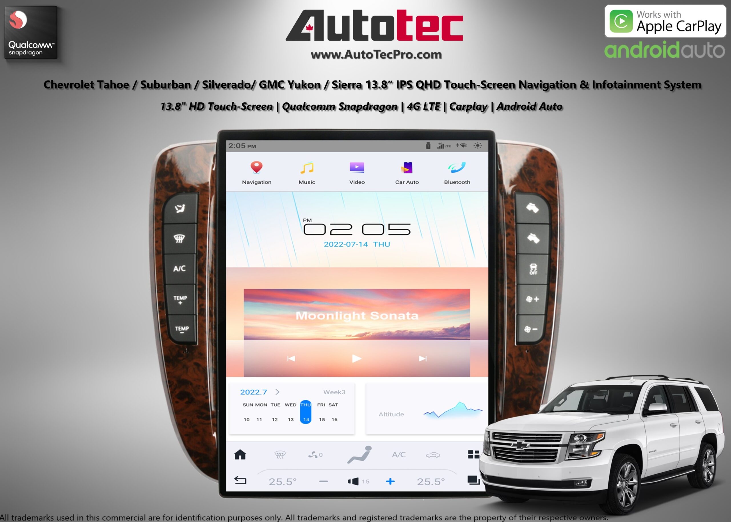 Chevrolet Tahoe / Suburban / Silverado / Avalanche / GMC Yukon / Sierra (2007 – 2014) 13.8″ IPS HD Touch-Screen Navigation & Infotainment System | Android 13 | GPS | BT | Wifi | CarPlay | Android Auto | 4G LTE