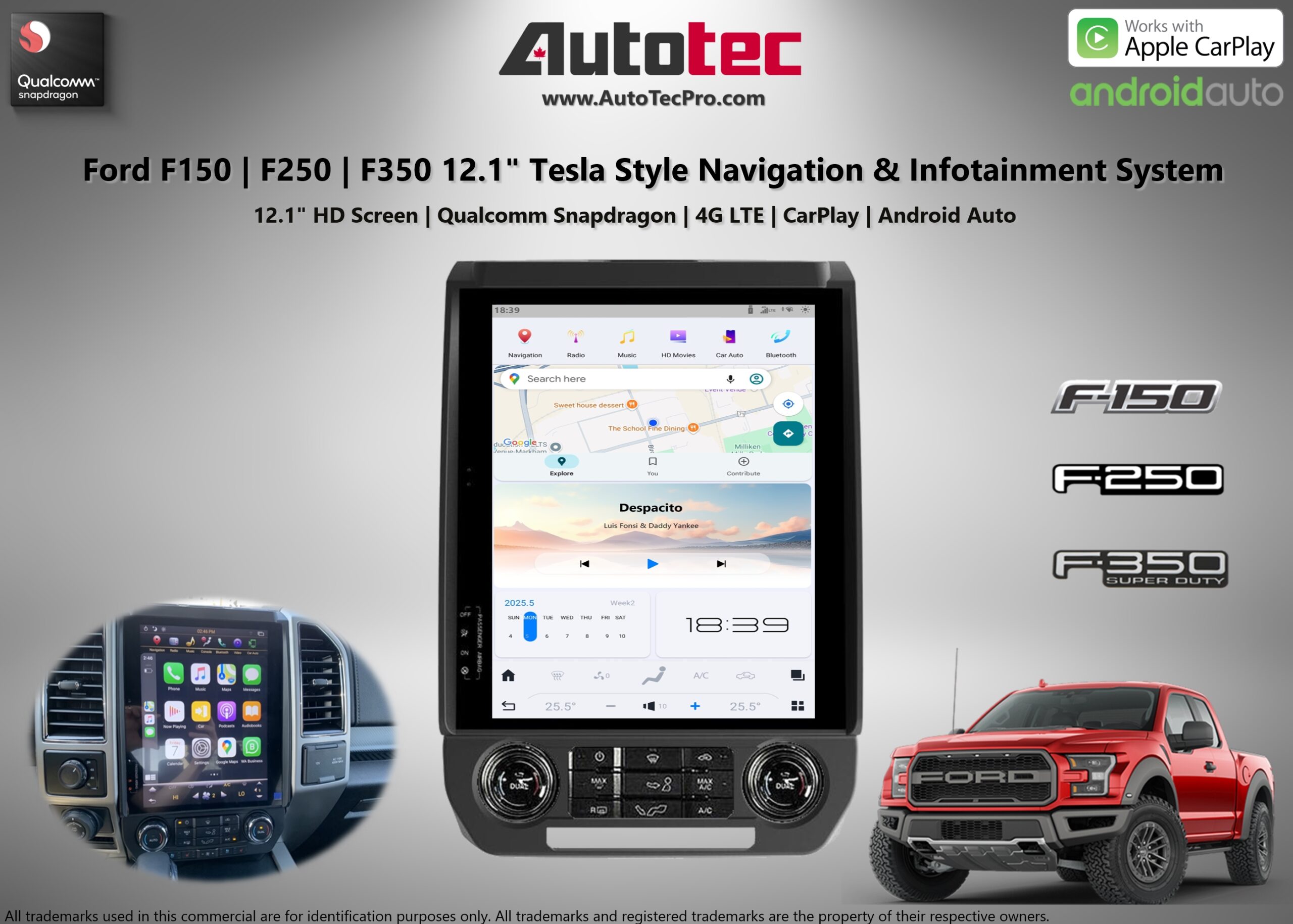 Ford F150 (2015 – 2021) 12.1″ IPS Touch-Screen Android Navigation System | Android 13 | GPS | BT | Wifi | CarPlay | SYNC | 4G LTE