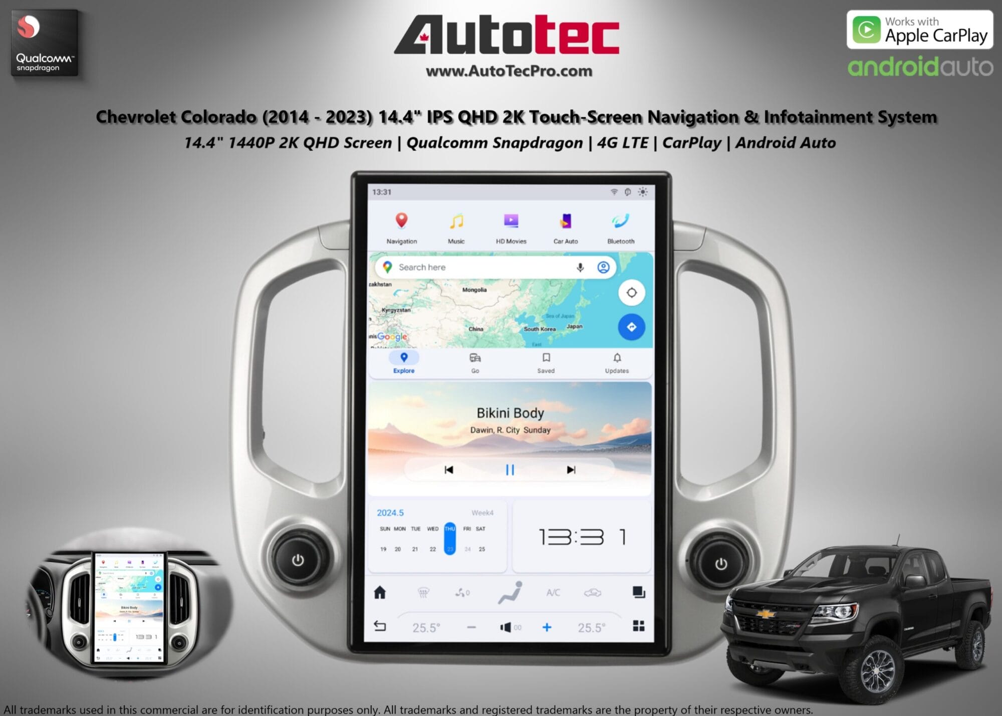 Chevrolet Colorado (2014 – 2023) 14.4″ IPS QHD 2K Touch-Screen Navigation & Infotainment System | Android 13 | GPS | BT | Wifi | CarPlay | Onstar | DSP | 4G LTE