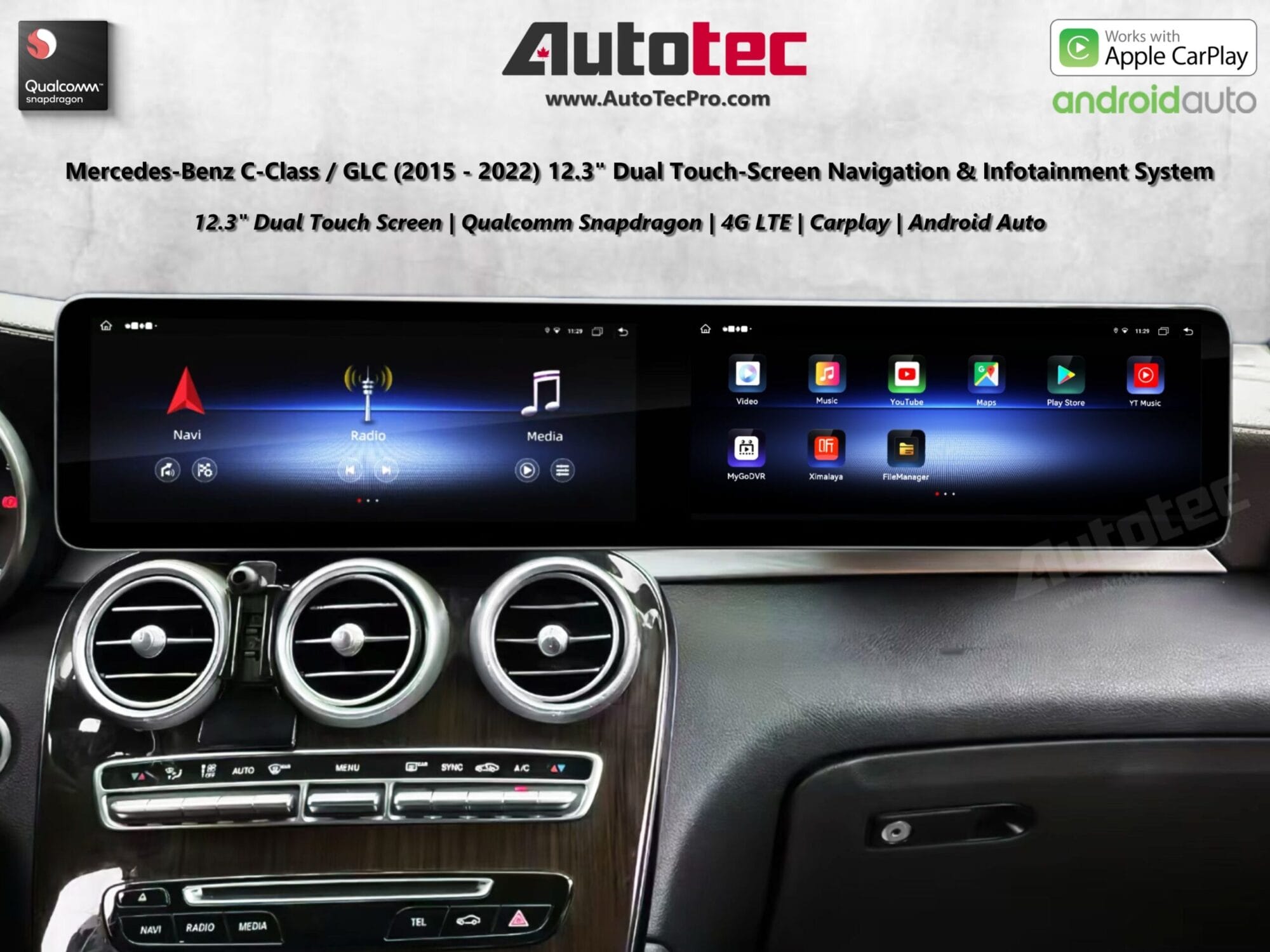 Mercedes-Benz C-Class / GLC (2015 – 2022) 12.3″ HD IPS Dual Touch-Screen Android Navigation & Infotainment System | Android 14 | GPS | BT | Wifi | 4G LTE | CarPlay