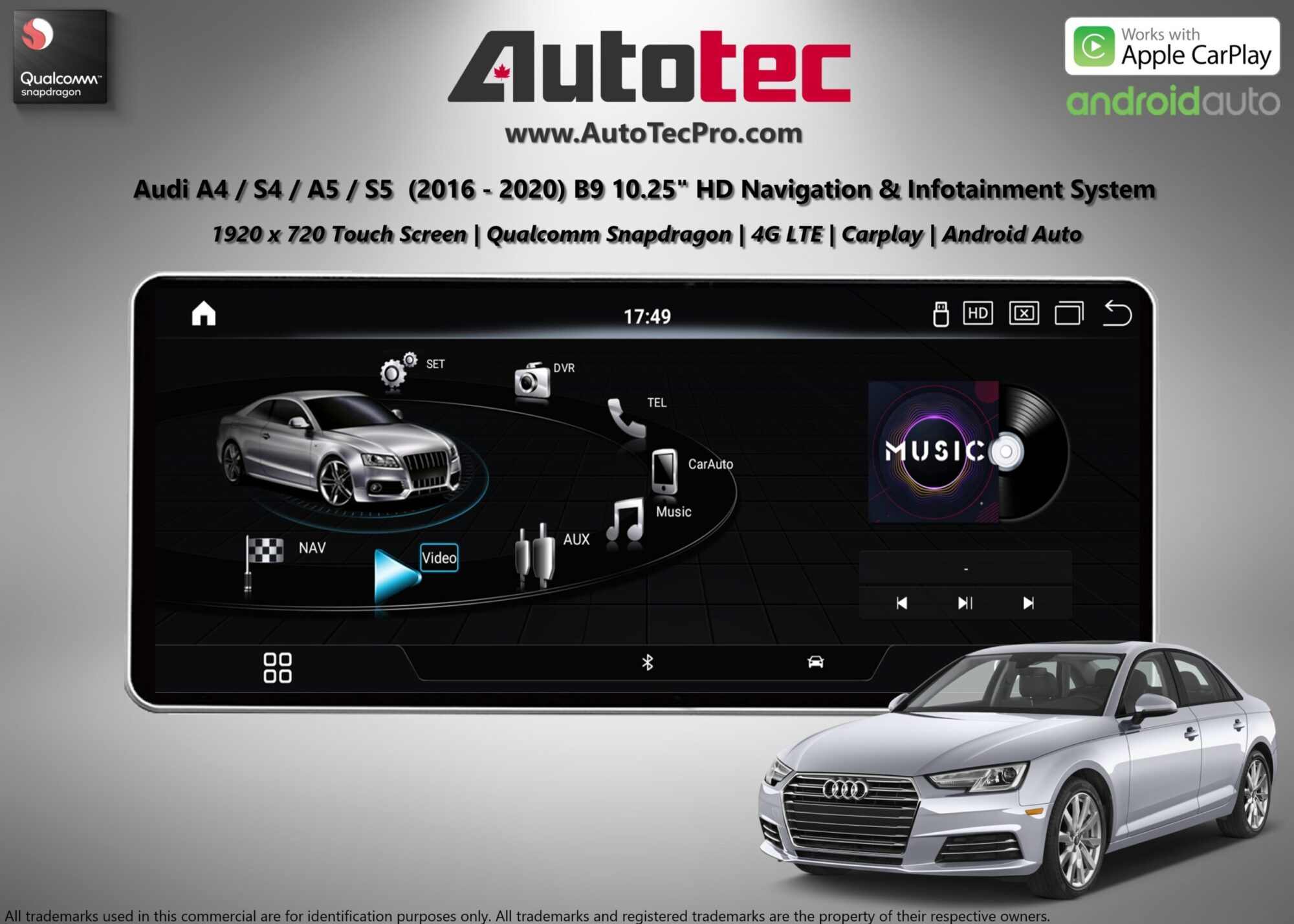 AUDI A4 / A5 (2016 – 2020 | B9) OEM FIT 10.25″ HD IPS Touch-Screen Android Navigation & Infotainment System | Android 14 | GPS | BT | Wifi | 4G LTE | CarPlay | Android Auto | Camera