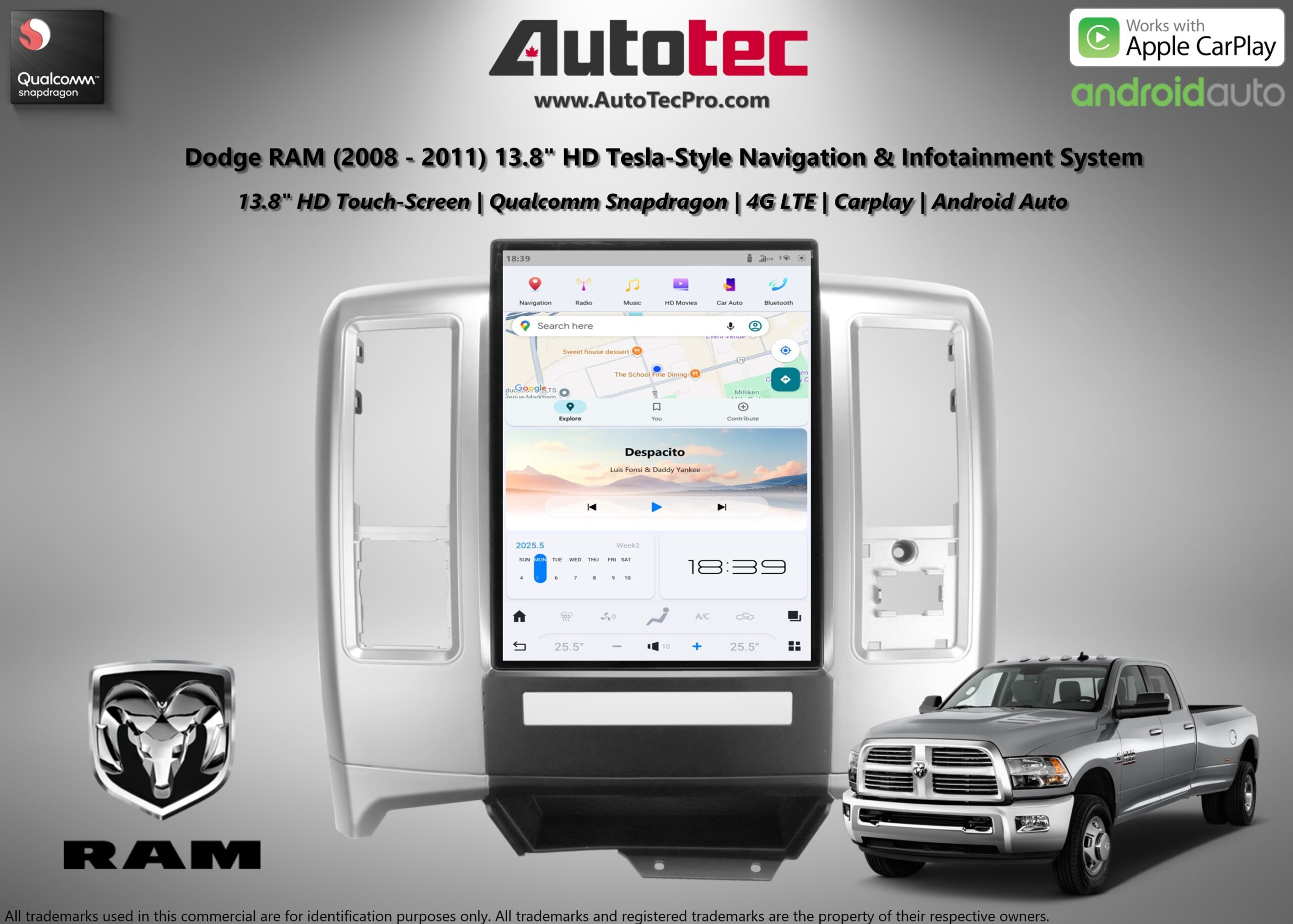 Dodge RAM (2009 – 2012) 13.8″ HD Tesla-Style Navigation & Infotainment System | Android 13 | GPS | BT | Wifi | CarPlay | Android Auto | 4G LTE