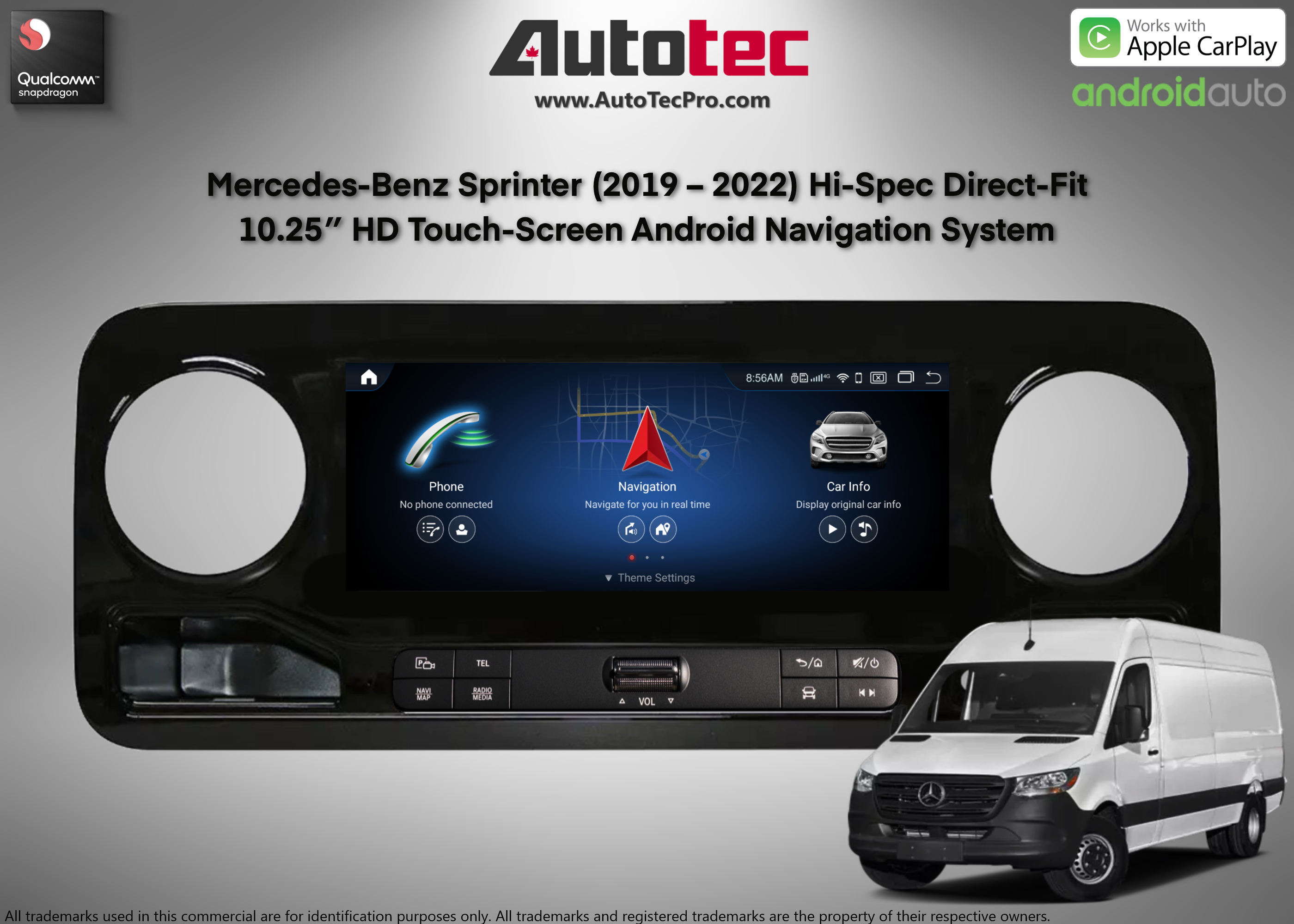 Mercedes-Benz Sprinter (2019 – 2024) Hi-Spec Direct-Fit 10.25″ HD Touch-Screen Android Navigation System | Android 13 | GPS | BT | Wifi | CarPlay | Android Auto | Camera | 4G LTE