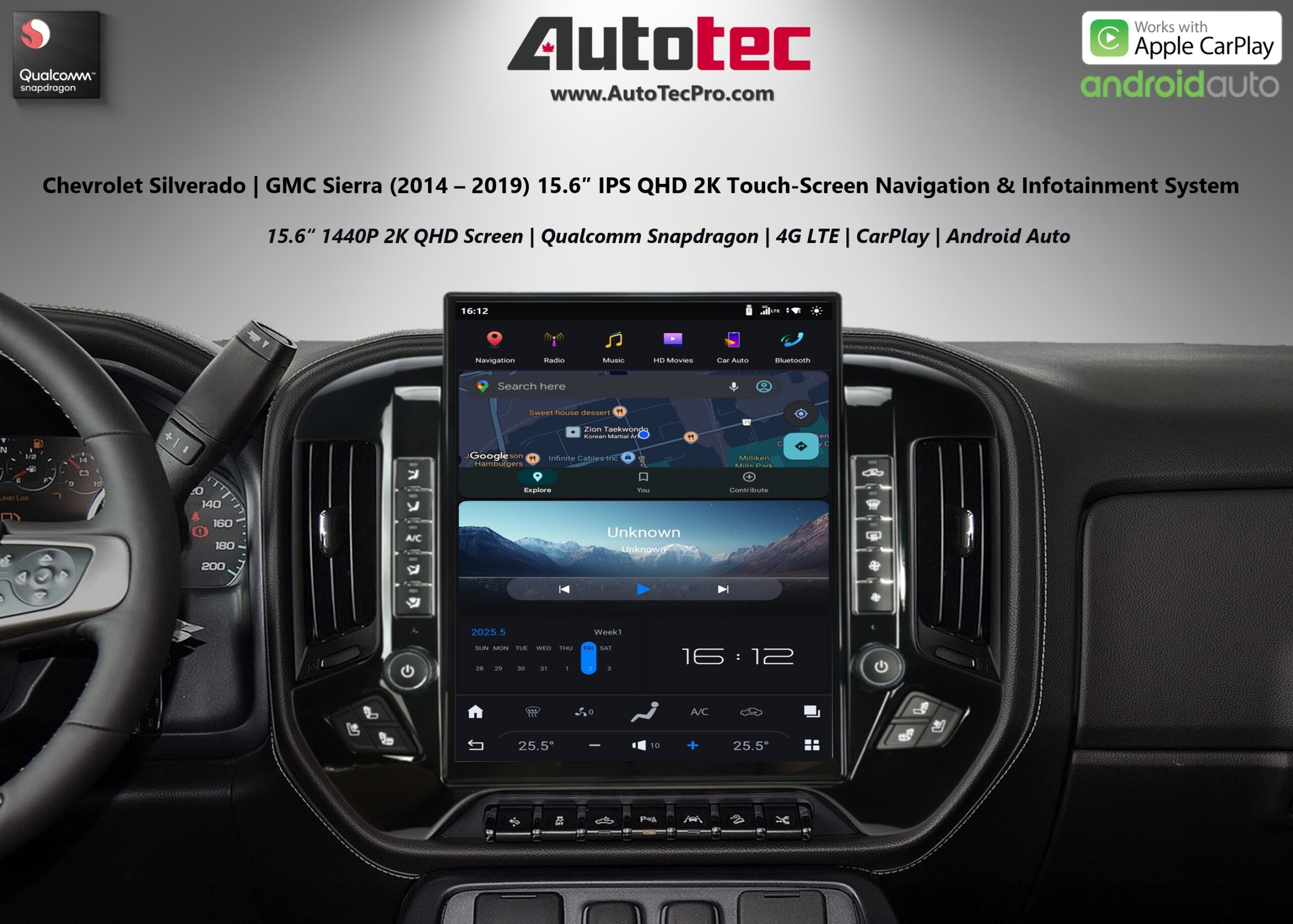 Chevrolet Silverado / GMC Sierra (2014 – 2019) 14.4″ IPS QHD 2K Touch-Screen Navigation & Infotainment System | Android 13 | GPS | BT | Wifi | CarPlay | Onstar | 4G LTE