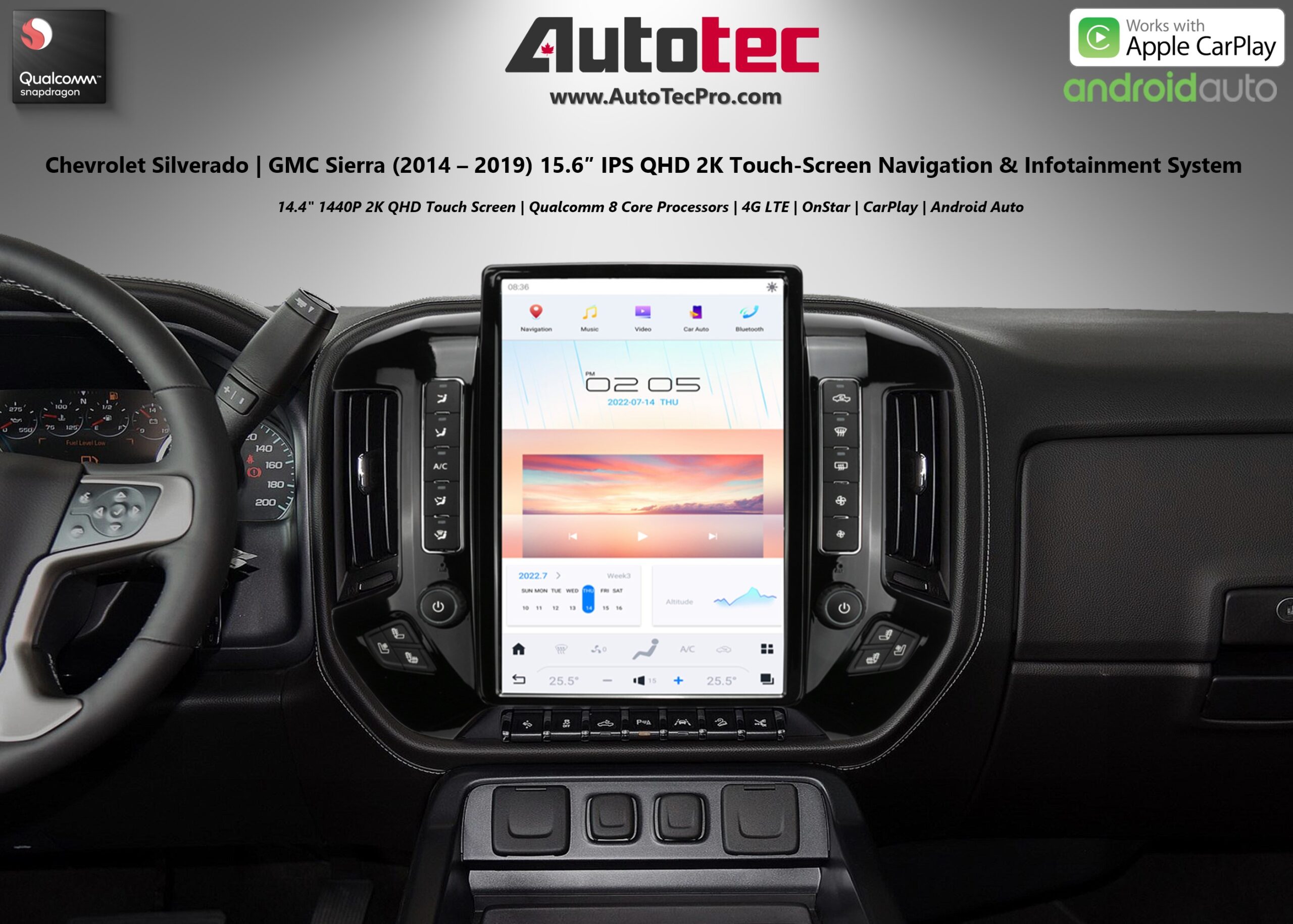 Chevrolet Silverado / GMC Sierra (2014 – 2019) 15.6″ IPS QHD 2K Touch-Screen Navigation & Infotainment System | Android 13 | GPS | BT | Wifi | CarPlay | Onstar | DSP | 4G LTE