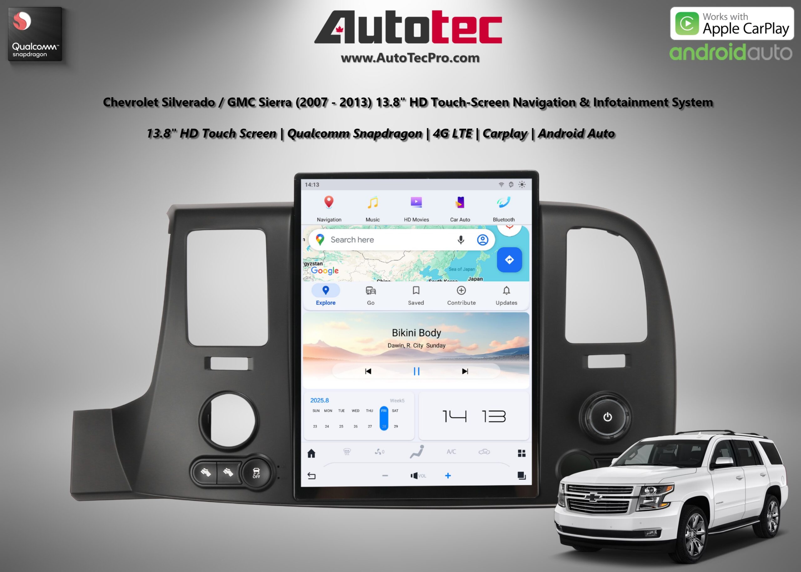 Chevrolet Silverado / GMC Sierra (2007 – 2013) 13.8″ HD Touch-Screen Navigation & Infotainment System | Android 13 | GPS | BT | Wifi | CarPlay | 4G LTE